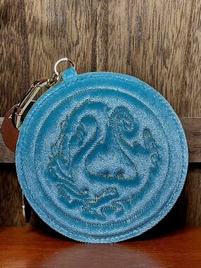 Turquoise Velvet Round Coin Purse with Embroidered Crest